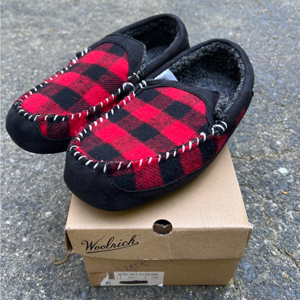 WOOLRICH Mens Checker Red Buffalo Plaid ELLUM Cushioned Moccasins SLIPPERS|Sz:9